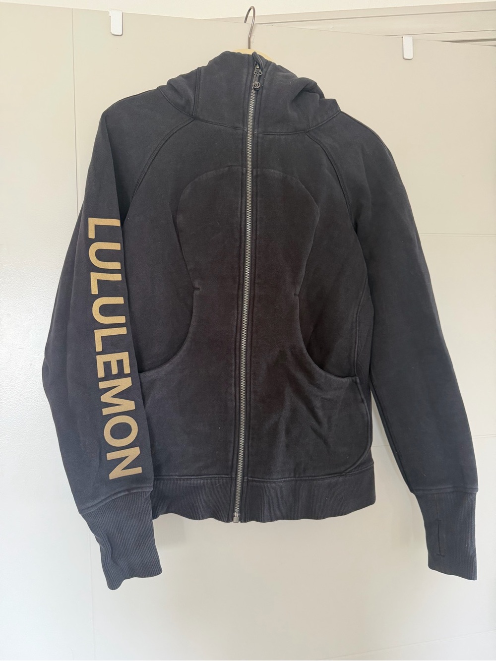 lululemon athletica Black Full-Zip Hoodie with Gold Sleeve Logo Text